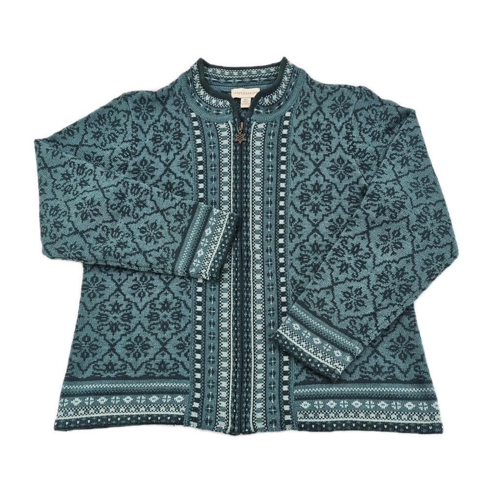 Appleseeds Women's Cardigan Nordic Fair Isle Snowflake Sweater XL Green Full Zip
